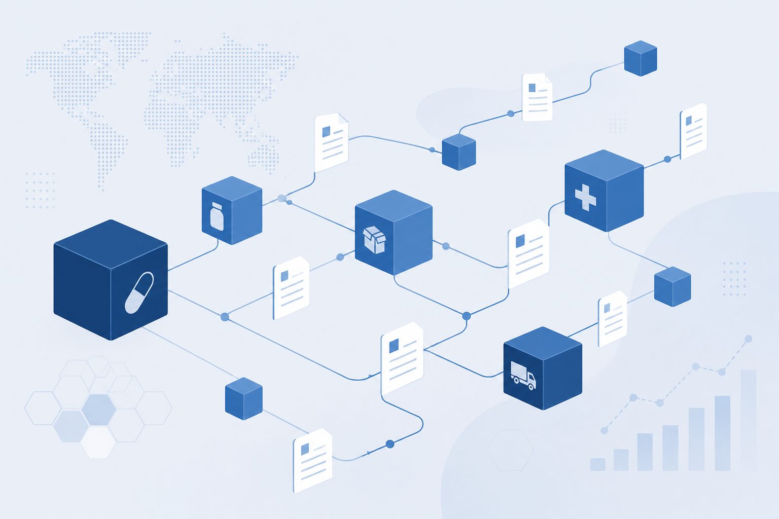 Healthcare commerce network connecting pharmacies, warehouses, and trading partners.